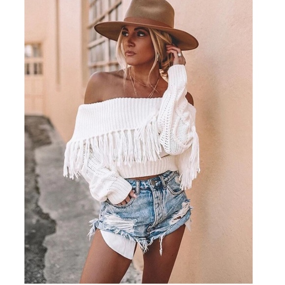 Sweaters - Off White Off Shoulder Fringe Boho Sweater